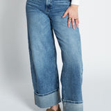 Jeans High Waisted Wide Leg mit umgeschlagenem Saumen Blau von vorne