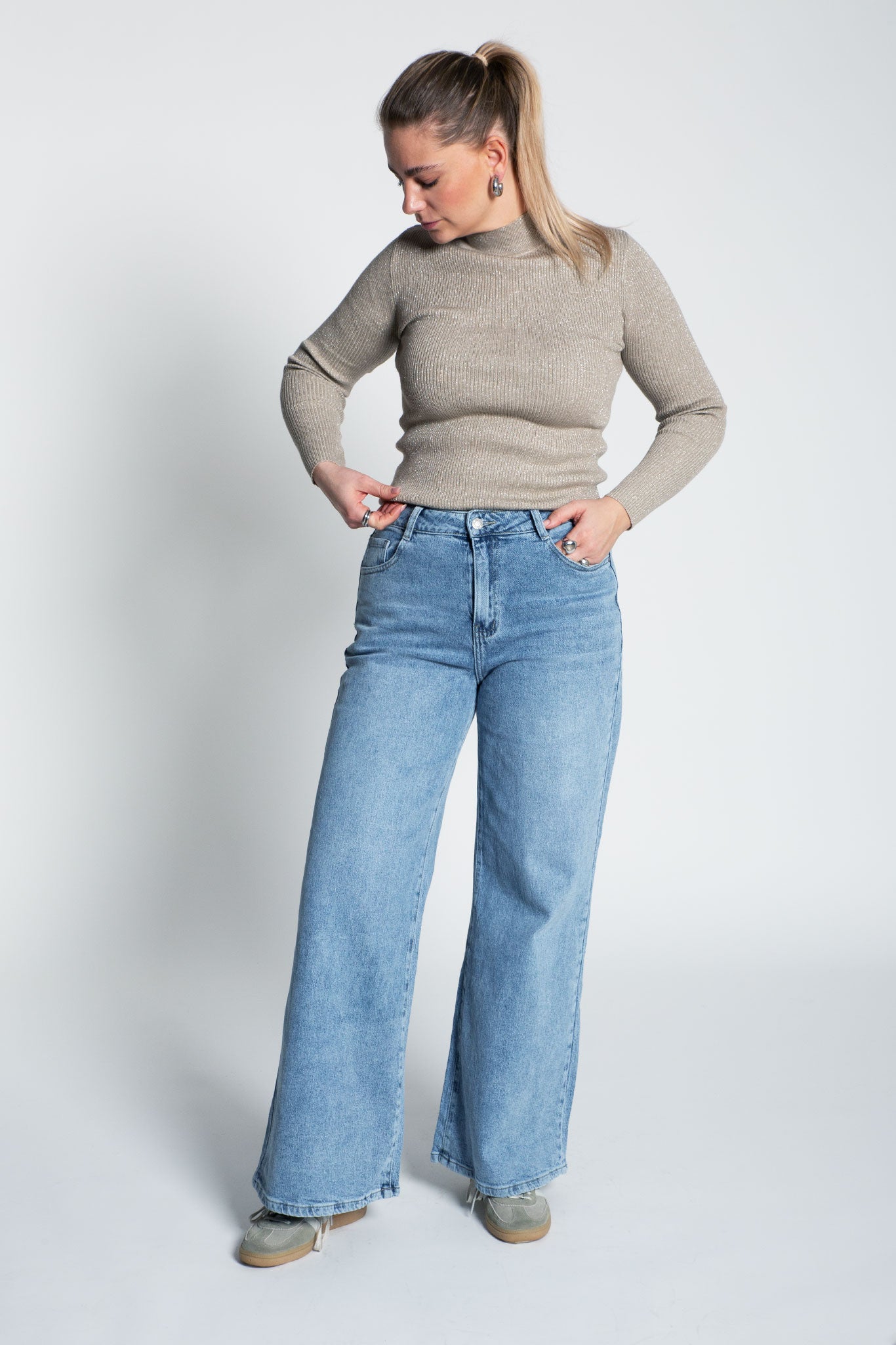 Glitzerndes Langarmshirt mit Turtle Neck Greige Ganzkörper