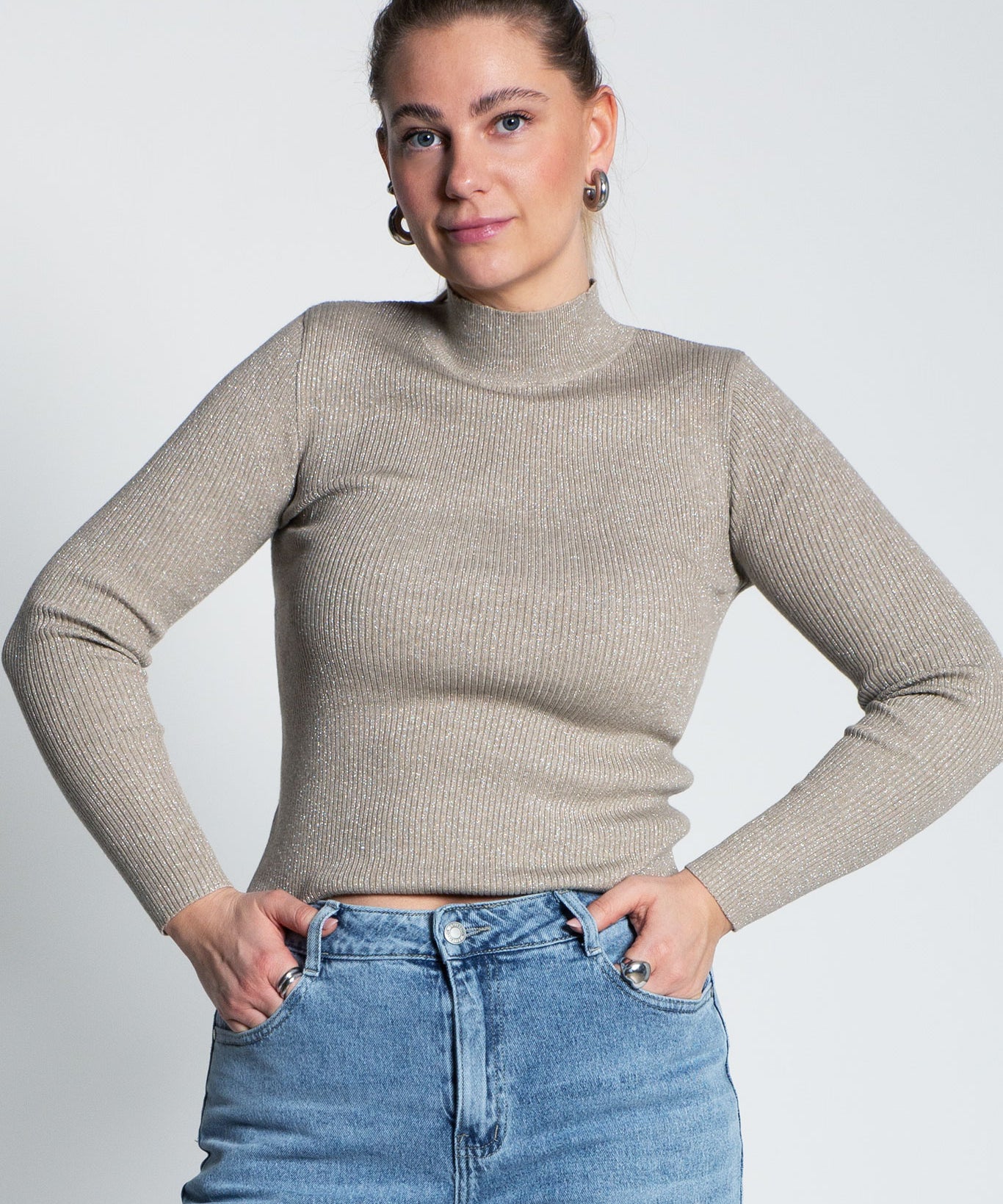 Glitzerndes Langarmshirt mit Turtle Neck Greige von vorne
