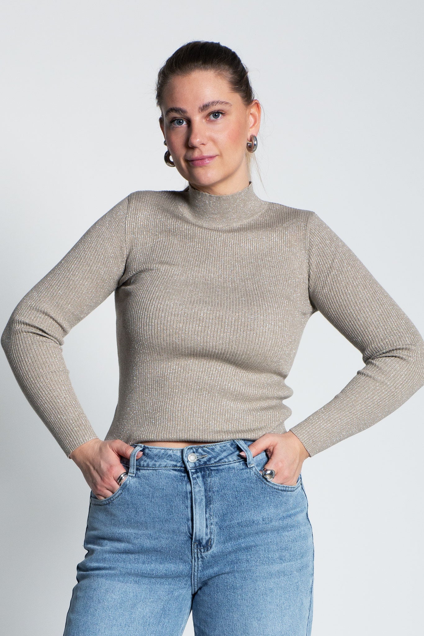 Glitzerndes Langarmshirt mit Turtle Neck Greige von vorne