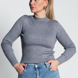 Glitzerndes Langarmshirt mit Turtle Neck Grau von vorne