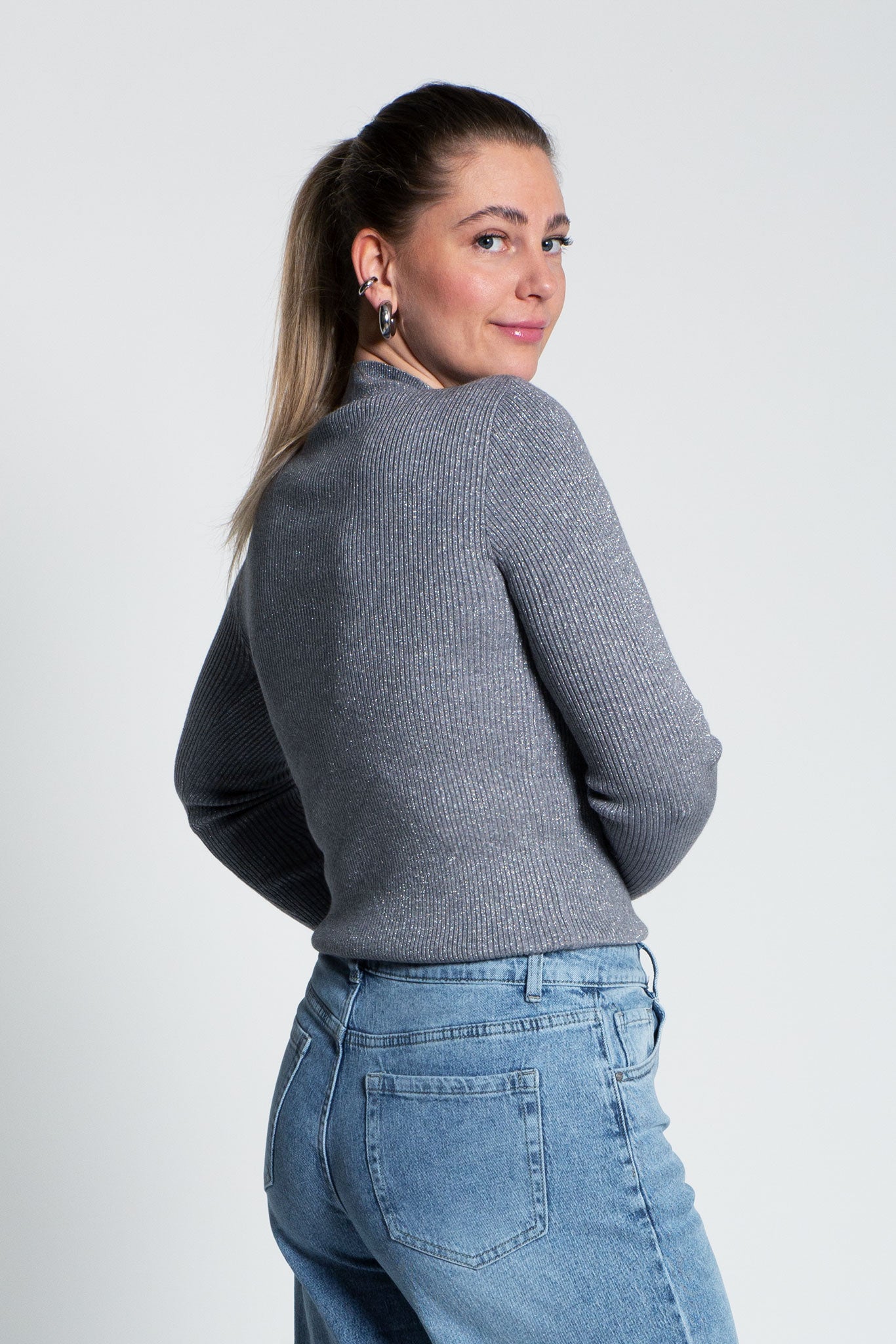 Glitzerndes Langarmshirt mit Turtle Neck Grau von hinten