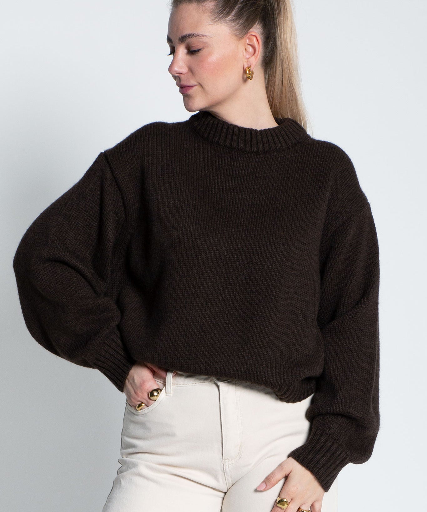 Strickpullover mit Rundhals Dunkelbraun von vorne