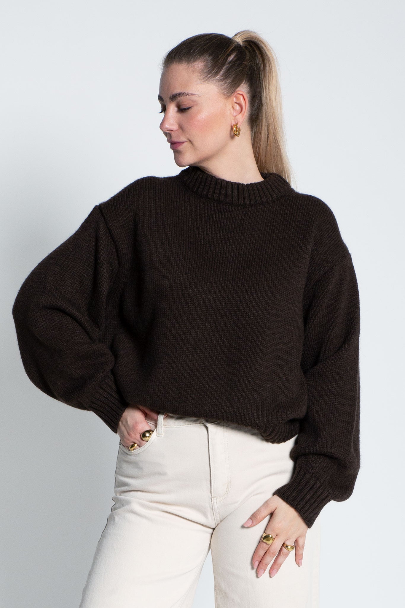 Strickpullover mit Rundhals Dunkelbraun von vorne