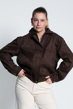 Jacke Wildleder mit goldenen Knöpfen Dunkelbraun von vorne