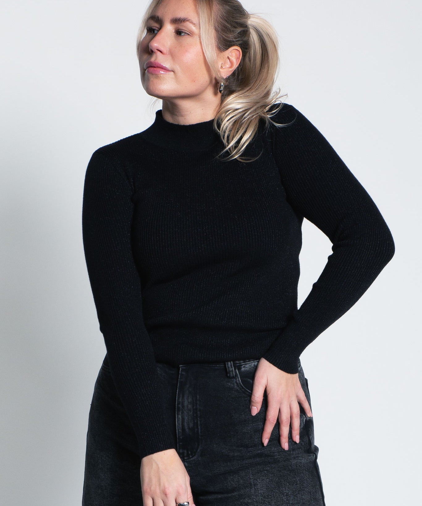 Glitzerndes Langarmshirt mit Turtle Neck Schwarz von vorne