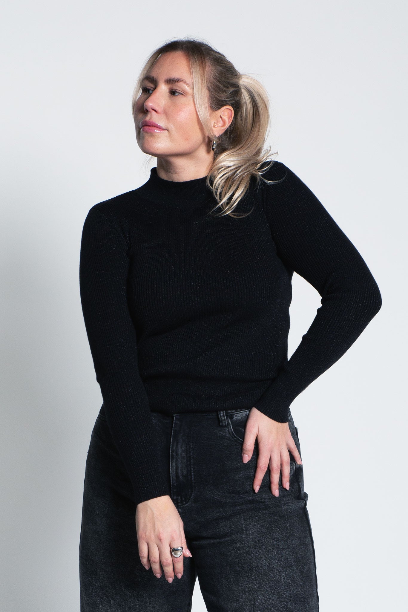 Glitzerndes Langarmshirt mit Turtle Neck Schwarz von vorne
