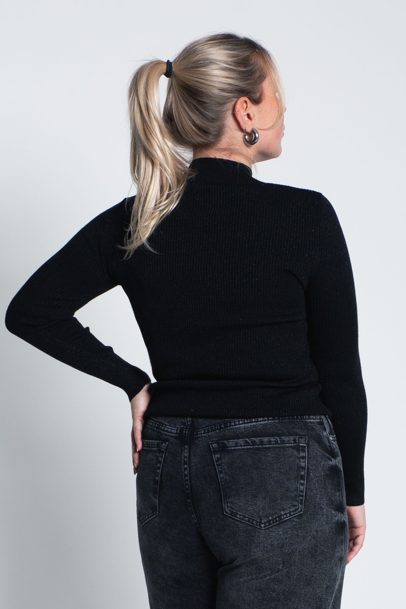 Glitzerndes Langarmshirt mit Turtle Neck Schwarz von hinten