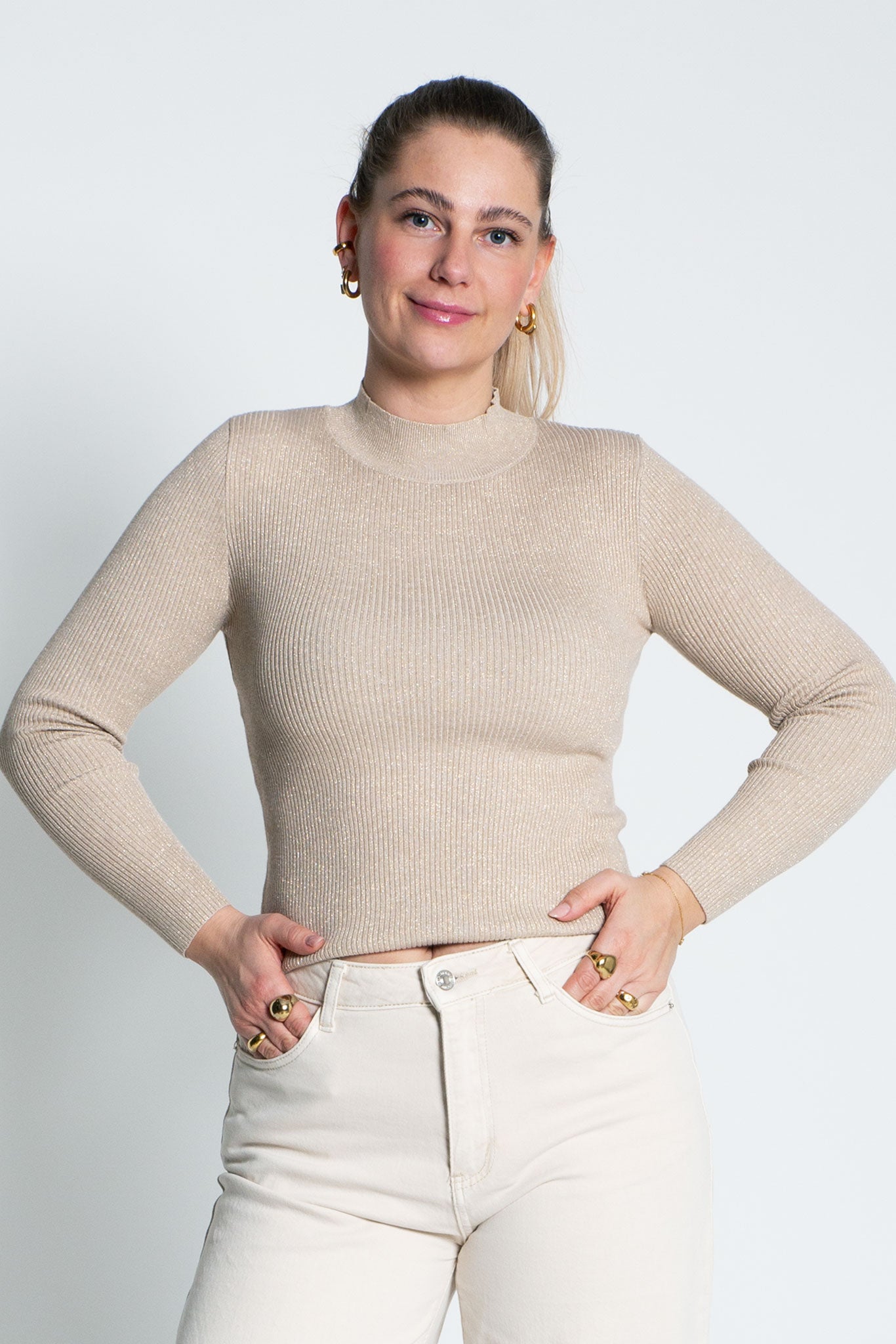 Glitzerndes Langarmshirt mit Turtle Neck Beige von vorne