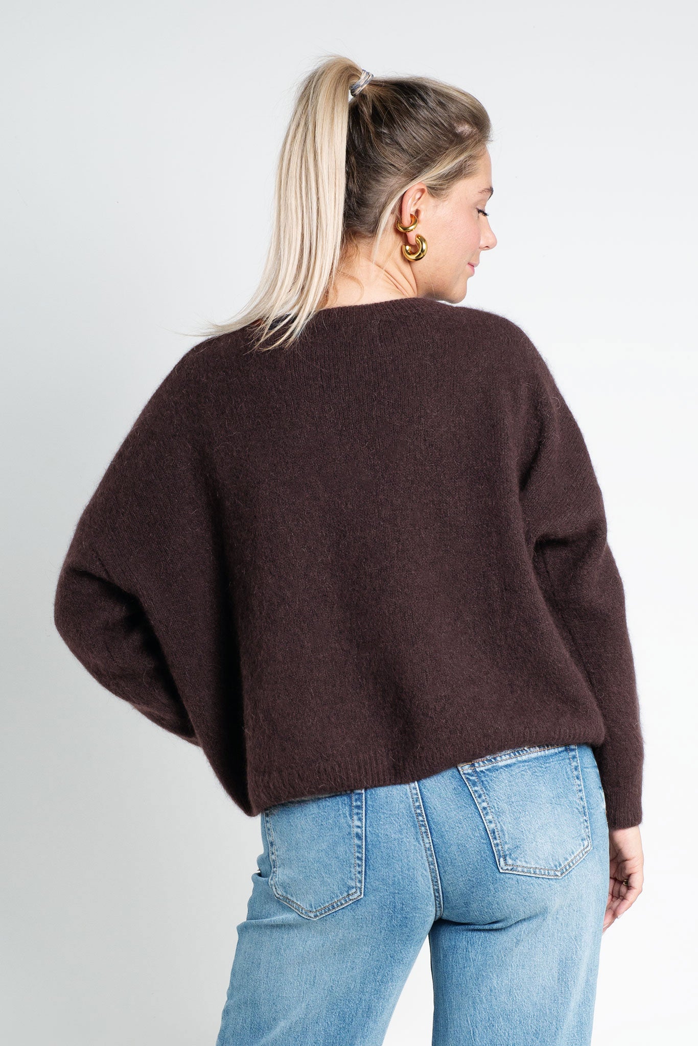 Strickpullover mit Rundhals Kuschelweich Dunkelbraun von hinten