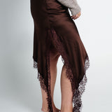 Satinrock mit Spitze & seitlichem Schlitz Dunkelbraun seitlich mit Schlitz