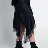 Satinrock mit Spitze & seitlichem Schlitz Schwarz seitlicher Schlitz