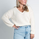 Strickpullover mit V-Ausschnitt Weiß Offwhite von vorne