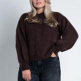 Strickpullover mit Rundhals & puffigen Ärmeln Dunkelbraun von vorne