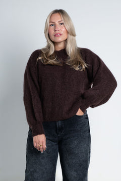 Strickpullover mit Rundhals & puffigen Ärmeln Dunkelbraun von vorne