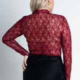 Langarmshirt mit hohem Kragen & Spitze Burgundy Weinrot von hinten