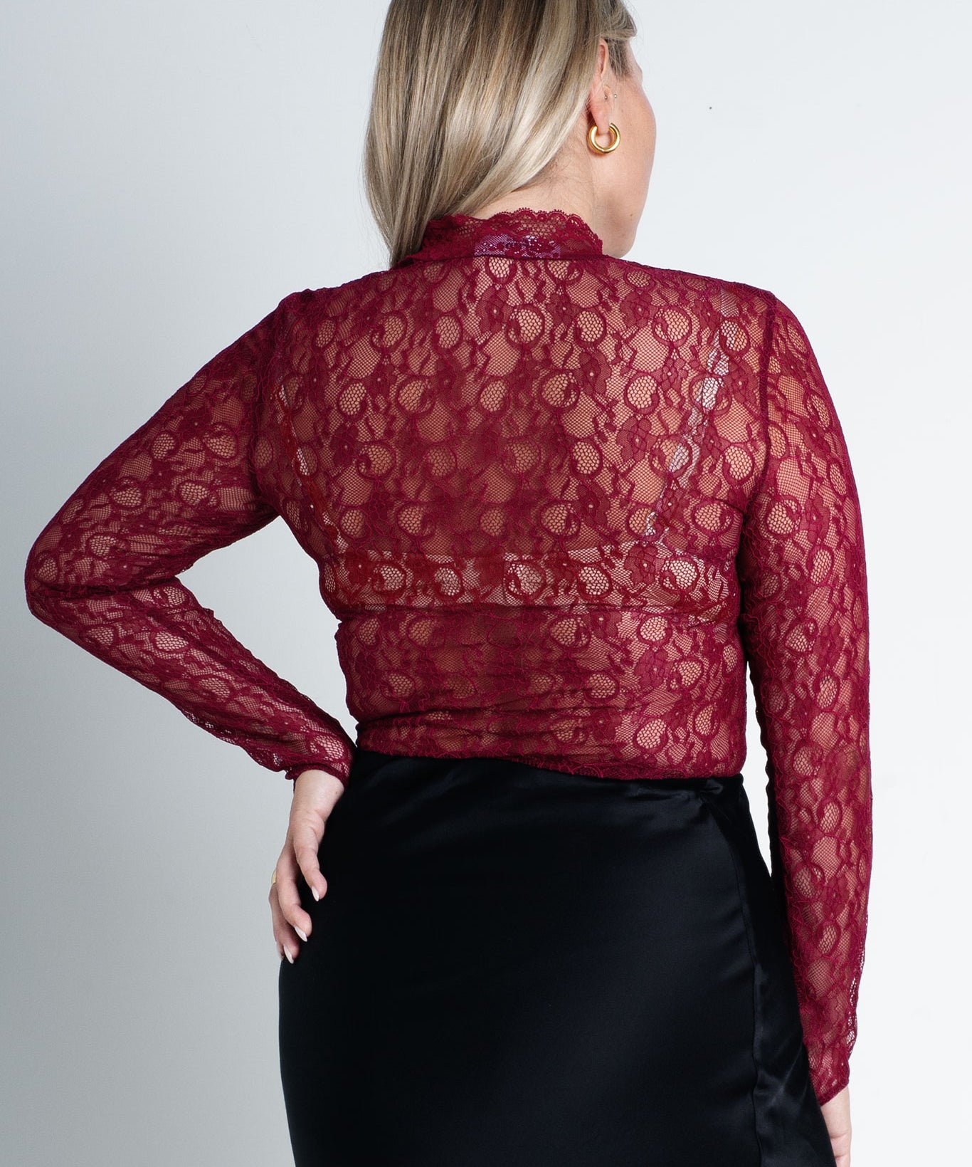 Langarmshirt mit hohem Kragen & Spitze Burgundy Weinrot von hinten