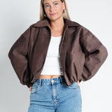 Jacke aus Wildlederimitat Balloon Fit Cropped Dunkelbraun von vorne