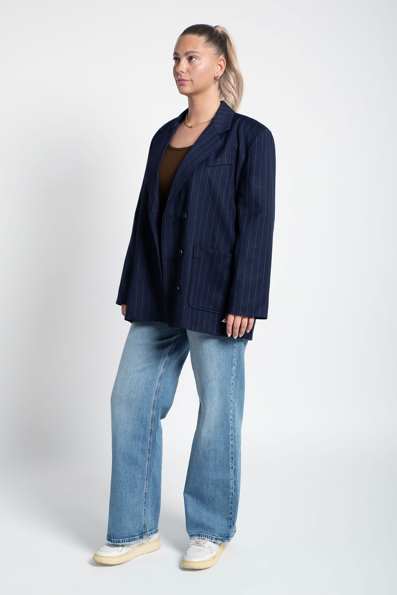 Blazer Oversized mit Nadelstreifen & leichten Schulterpolstern Dunkelblau Navy Ganzkörper