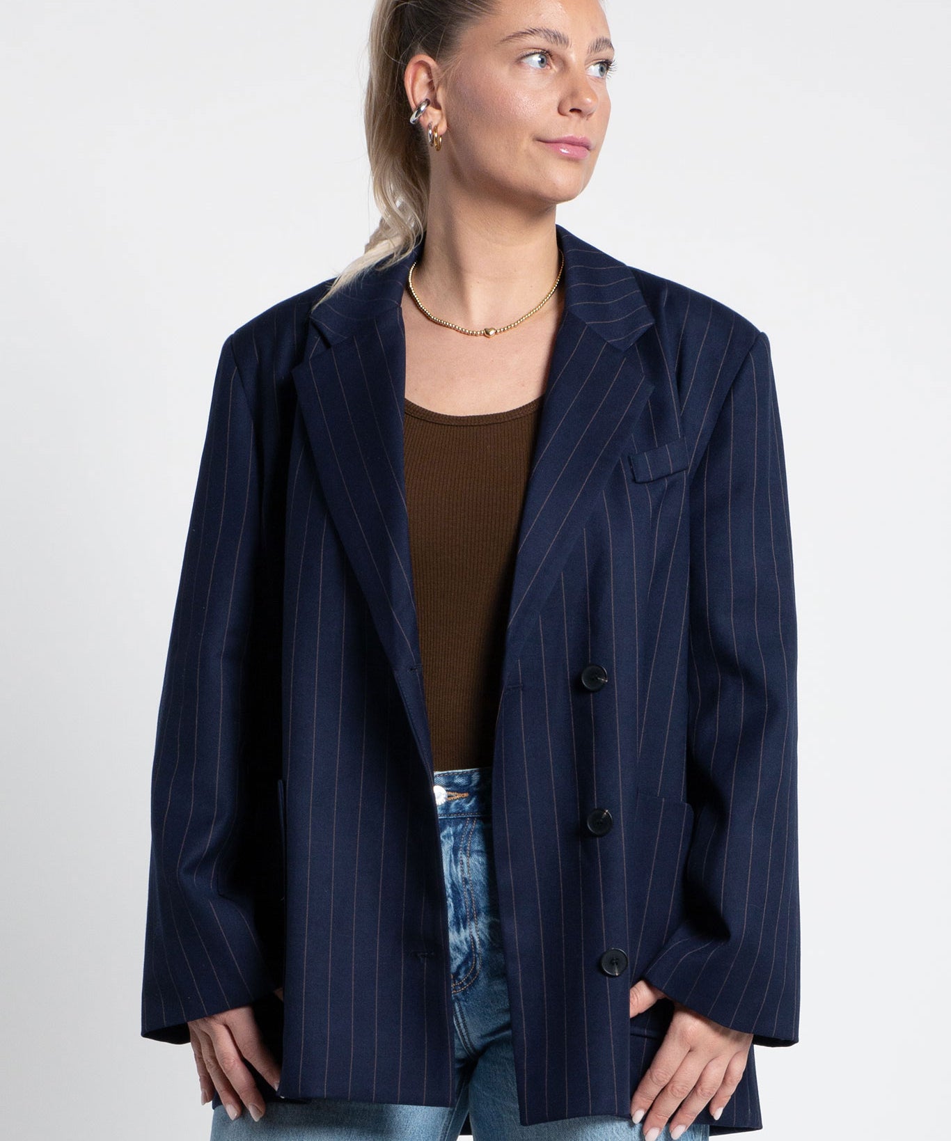 Blazer Oversized mit Nadelstreifen & leichten Schulterpolstern Dunkelblau Navy von vorne