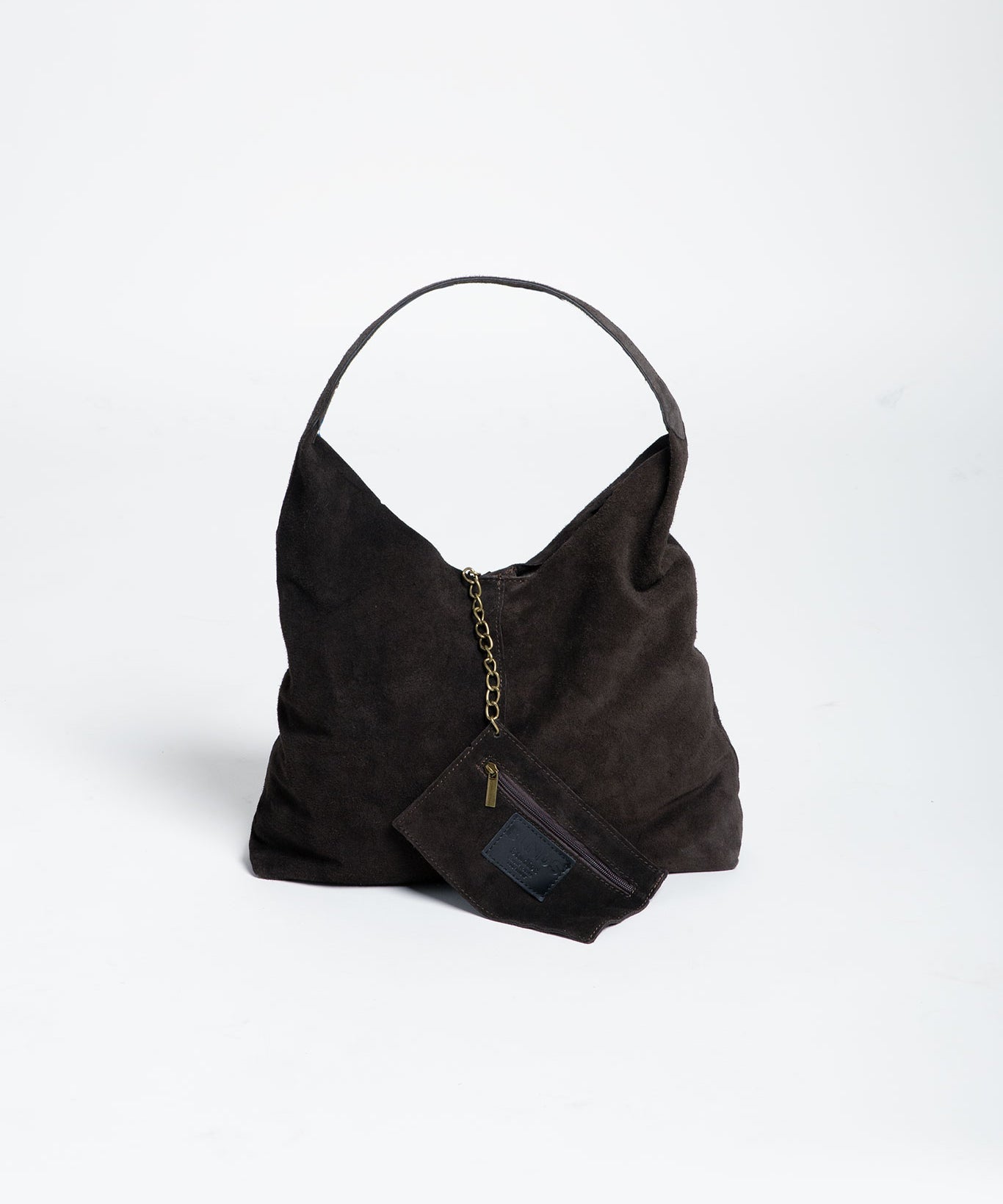 Tasche Wildleder Shopper mit festem Boden Dunkelbraun mit Pochette