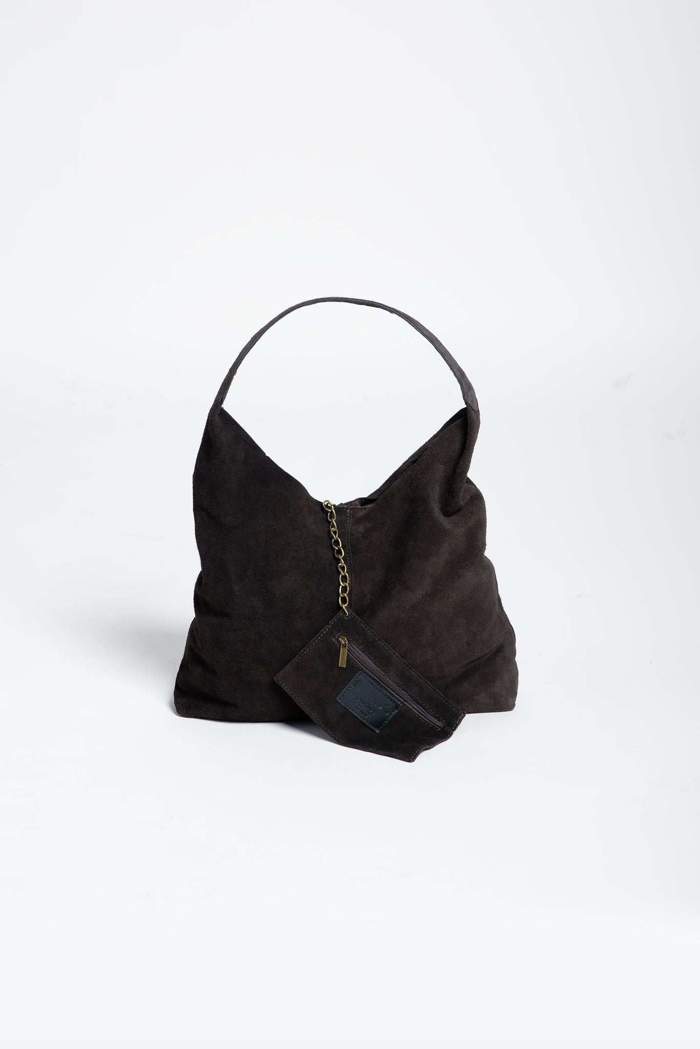 Tasche Wildleder Shopper mit festem Boden Dunkelbraun mit Pochette