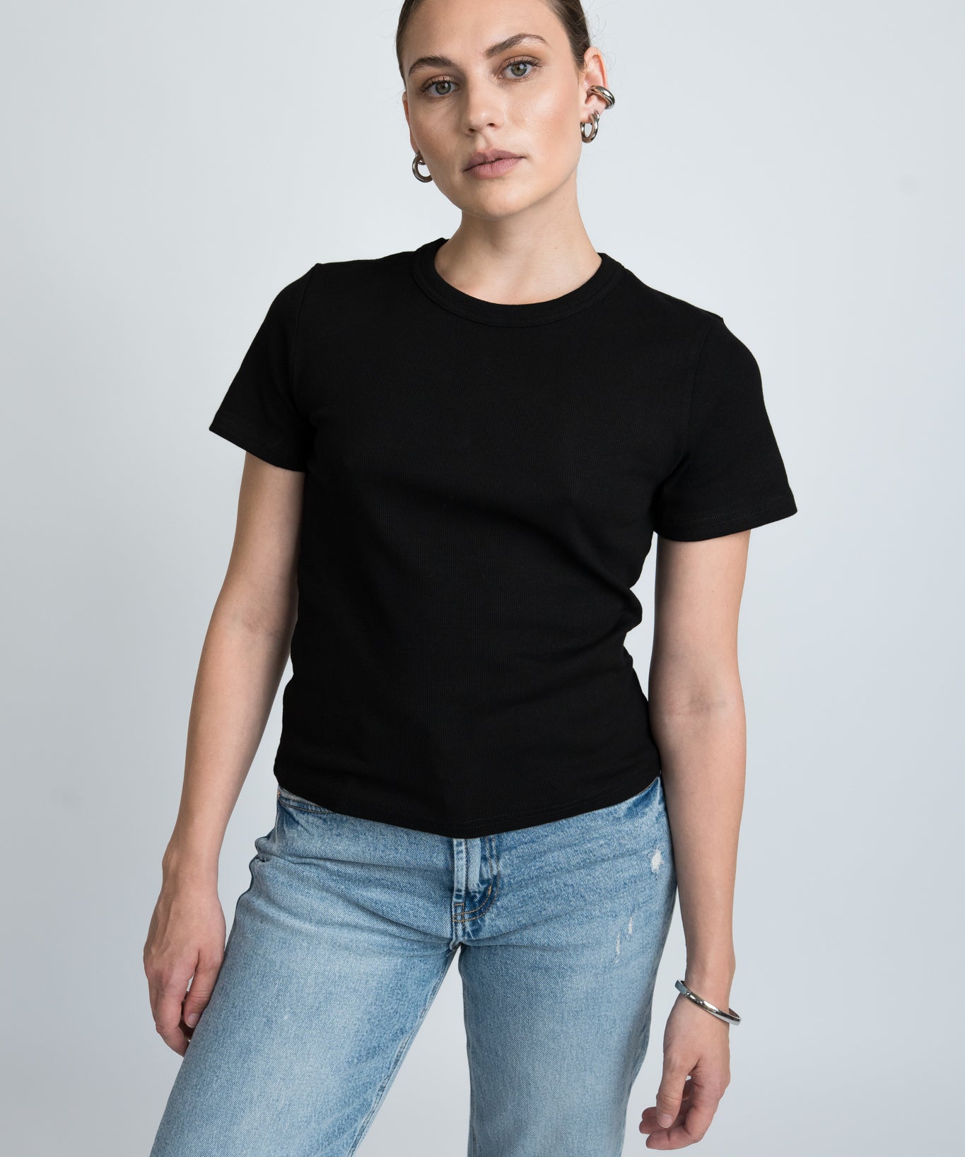 T-Shirt Gerippt Schwarz von vorne