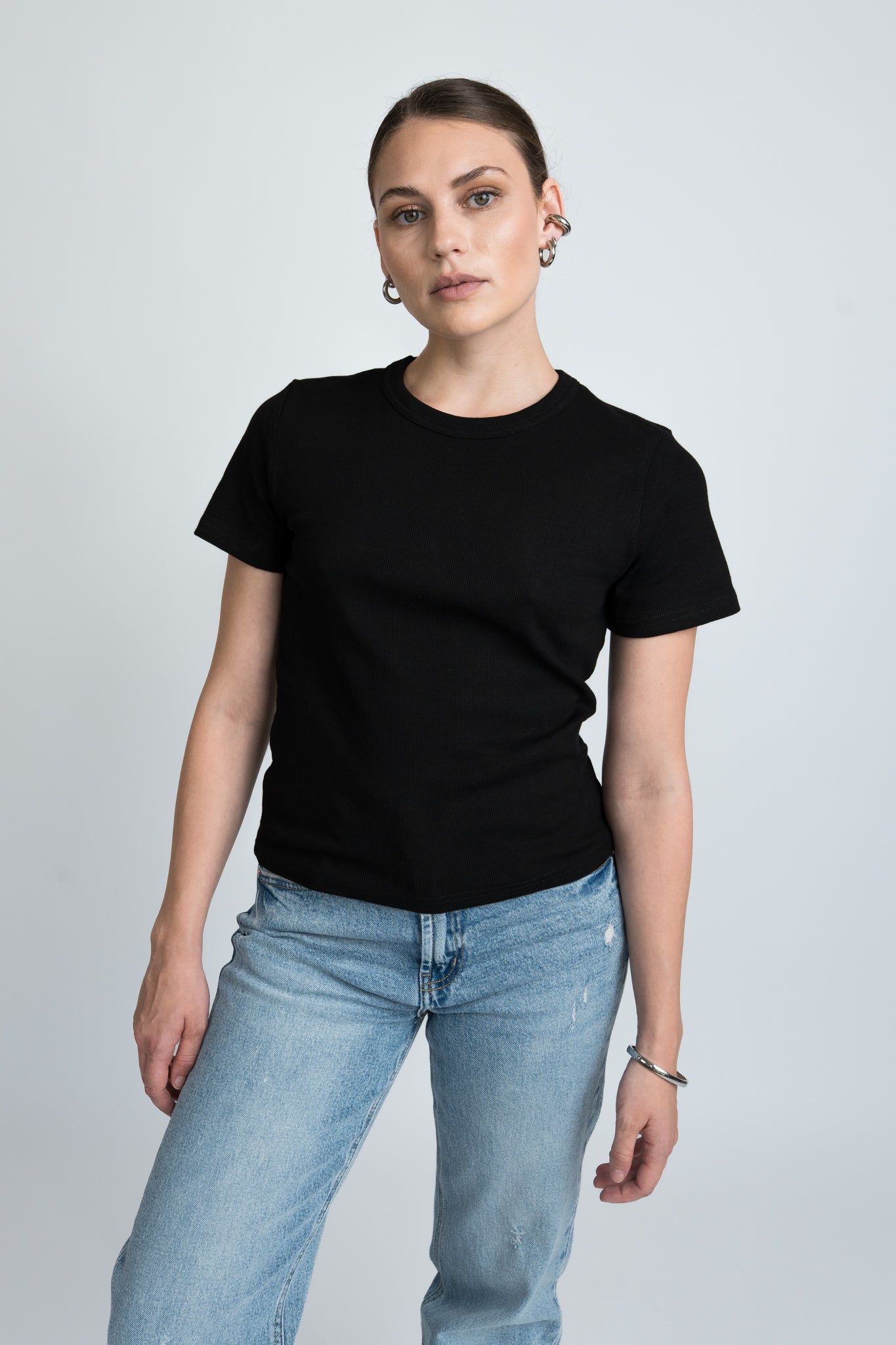 T-Shirt Gerippt Schwarz von vorne