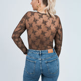 Body mit Blumenstickerei und Druckknöpfen Transparent Dunkelbraun von hinten