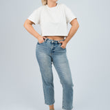 Jeans High Waisted Straight Fit mit leichten Rissen und Waschung Blau Ganzkörper