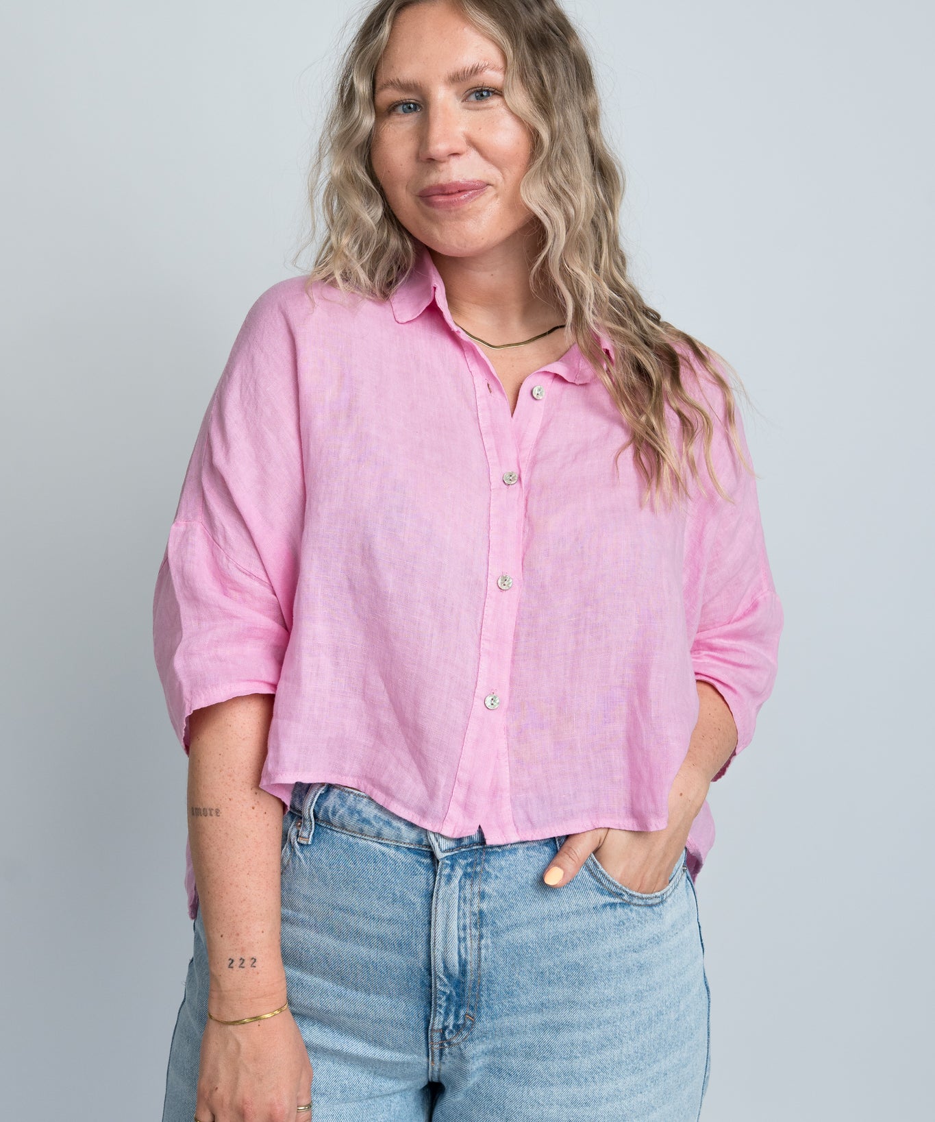 Leinenbluse Rosa Damen mit Kragen von vorne