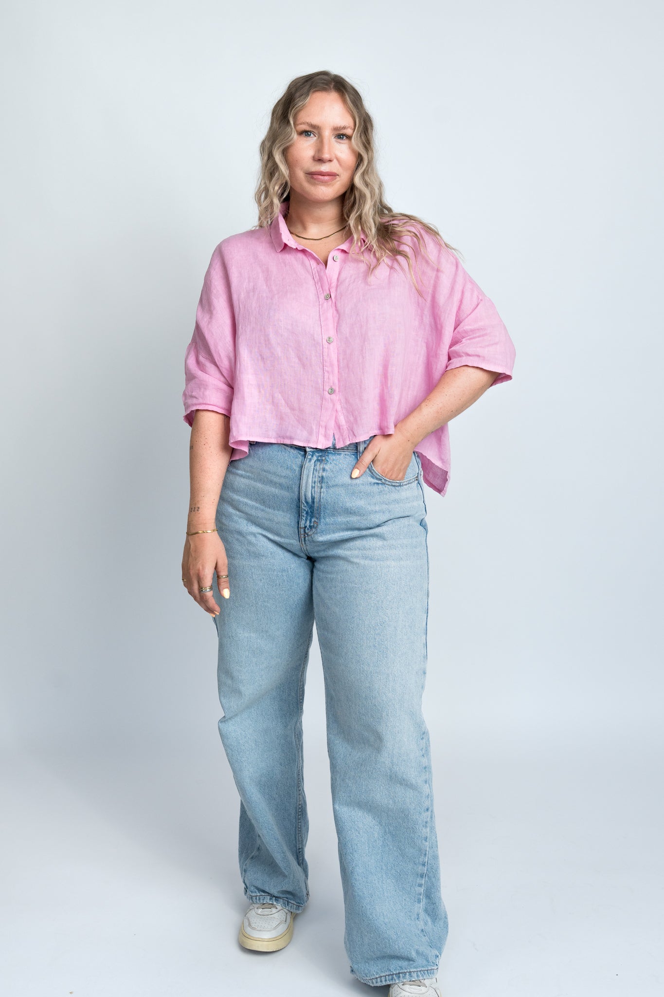 Leinenbluse Rosa Damen mit Kragen Ganzkörper