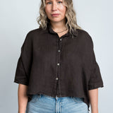 Leinenbluse Dunkelbraun Damen mit Kragen von vorne