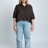 Leinenbluse Beige Damen mit Kragen Ganzkörper