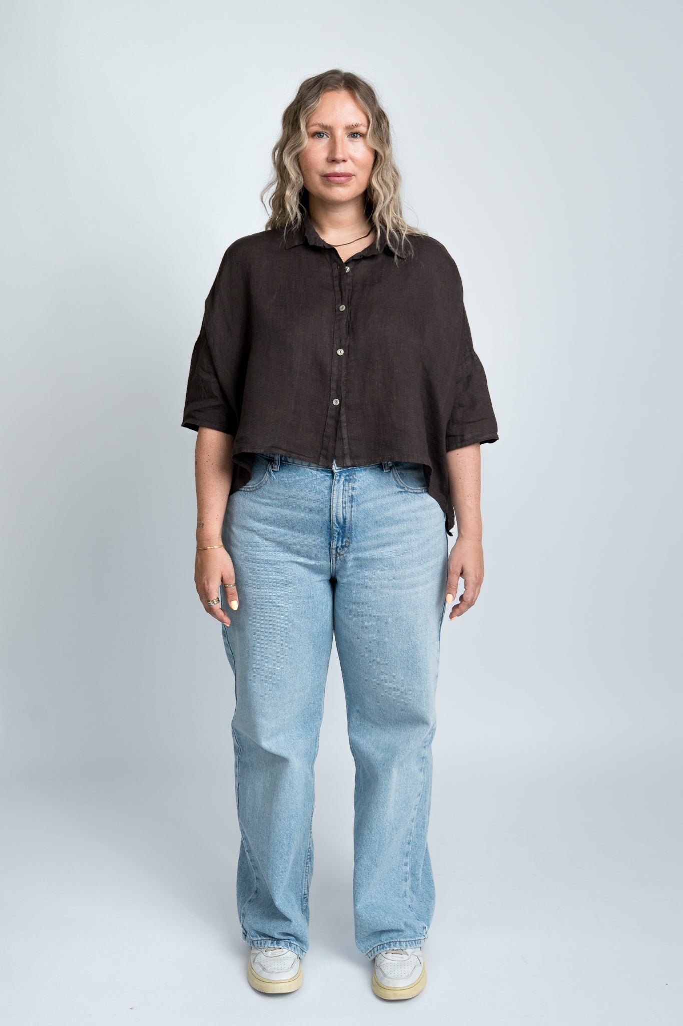 Leinenbluse Beige Damen mit Kragen Ganzkörper