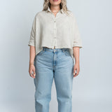 Leinenbluse Beige Damen mit Kragen Ganzkörper