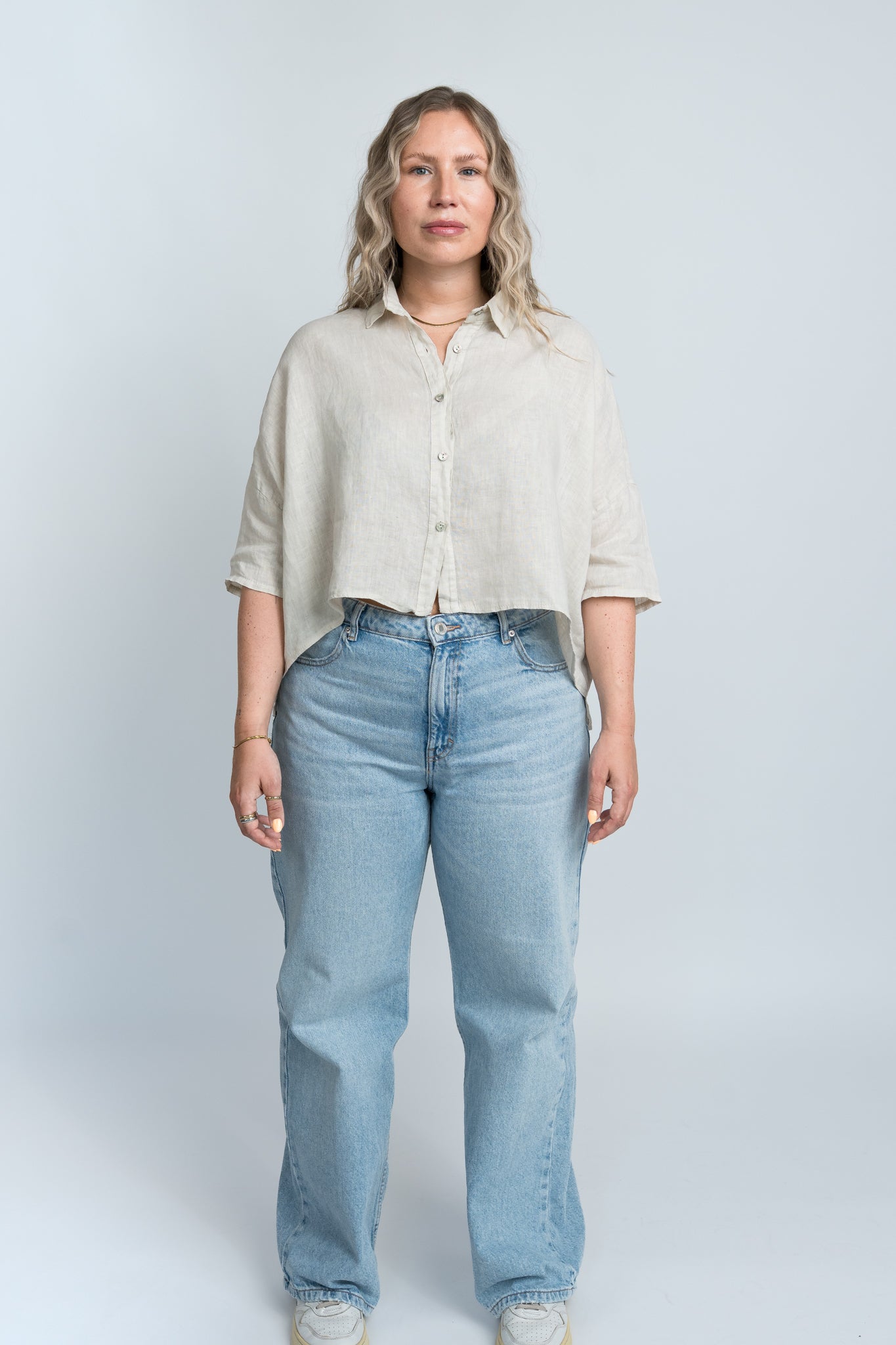 Leinenbluse Beige Damen mit Kragen Ganzkörper