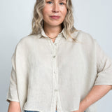 Leinenbluse Beige Damen mit Kragen von vorne