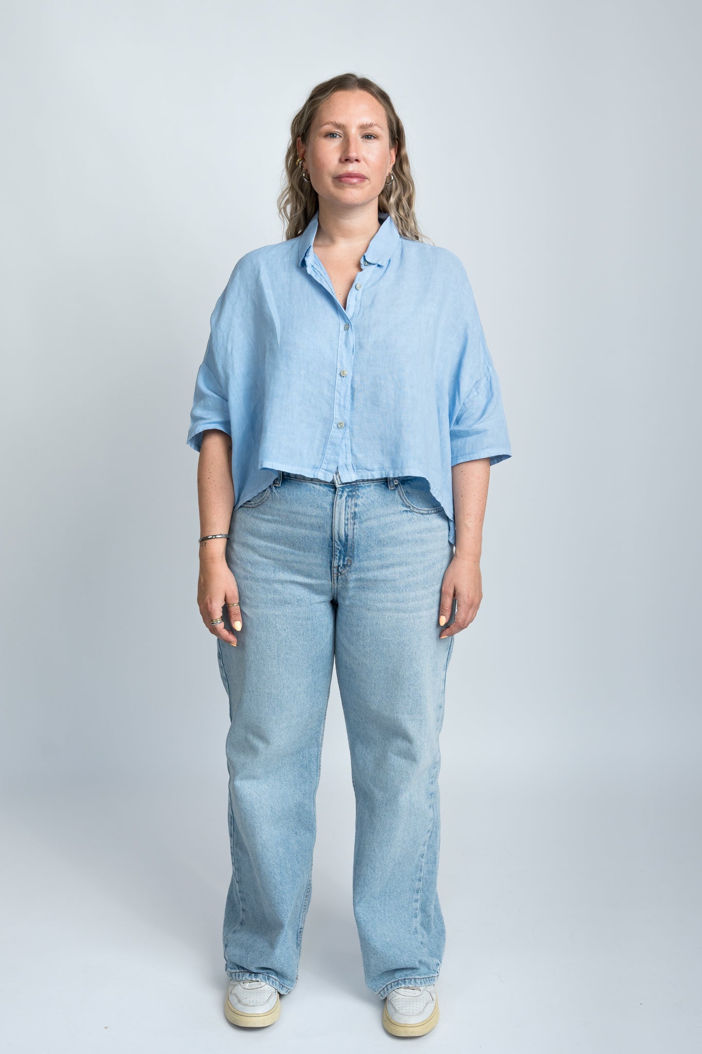 Leinenbluse Hellblau Damen mit Kragen Ganzkörper