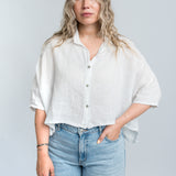 Leinenbluse Weiß Damen mit Kragen von vorne