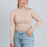 Stehkragen Langarmshirt Beige von vorne