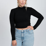 Stehkragen Langarmshirt Schwarz von vorne