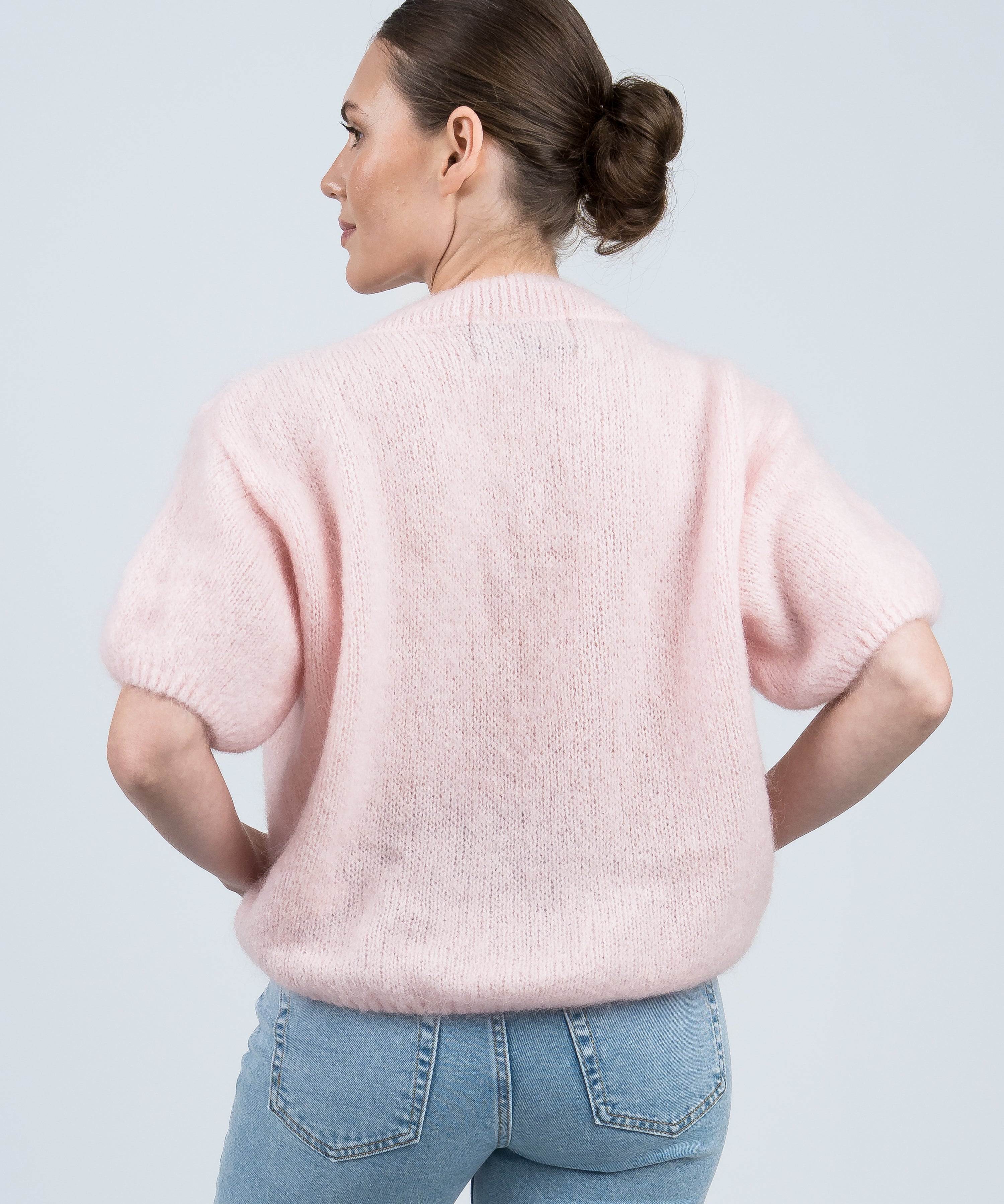 Strickpullover Rundhals mit Puffärmeln Rosa von hinten