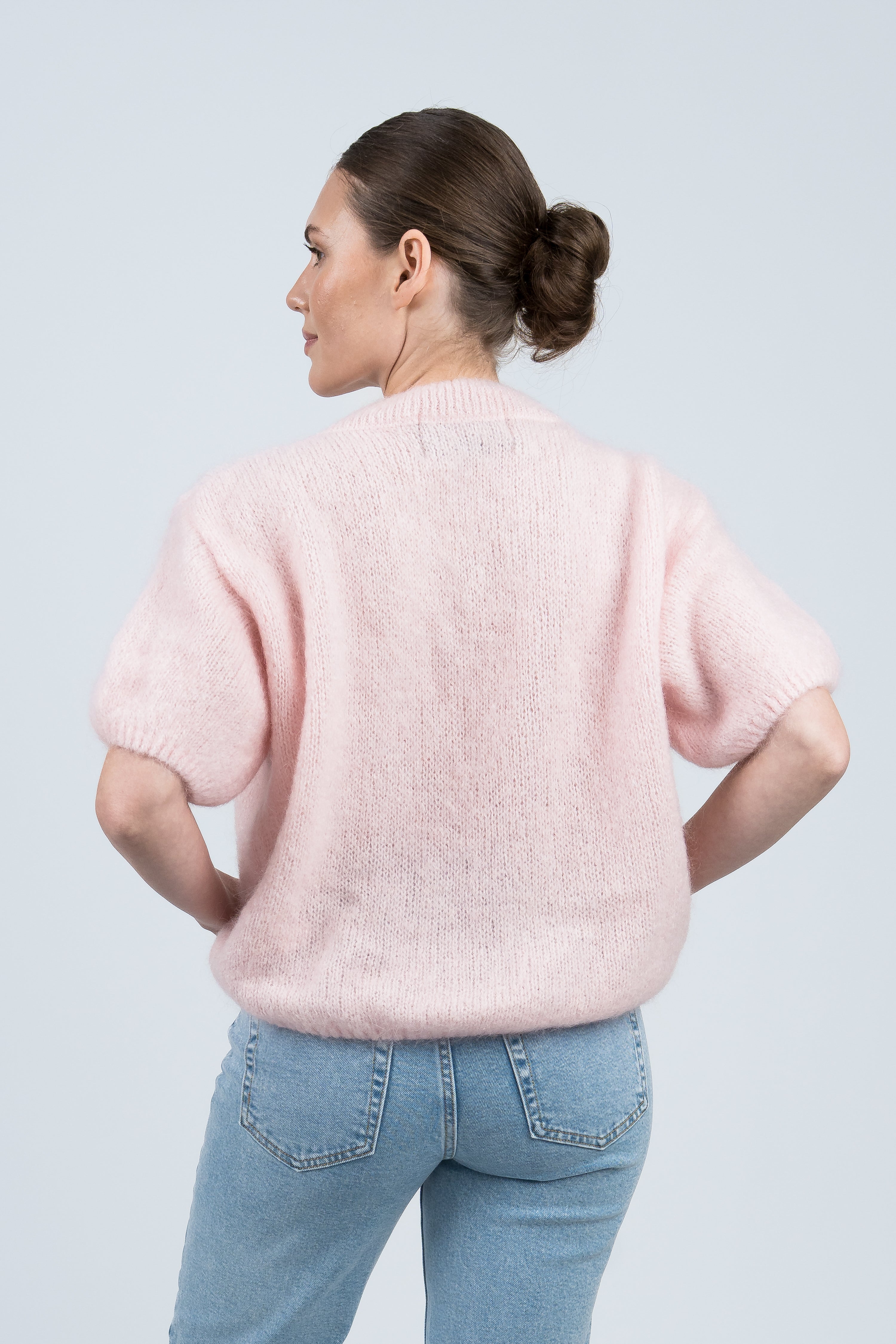 Strickpullover Rundhals mit Puffärmeln Rosa von hinten