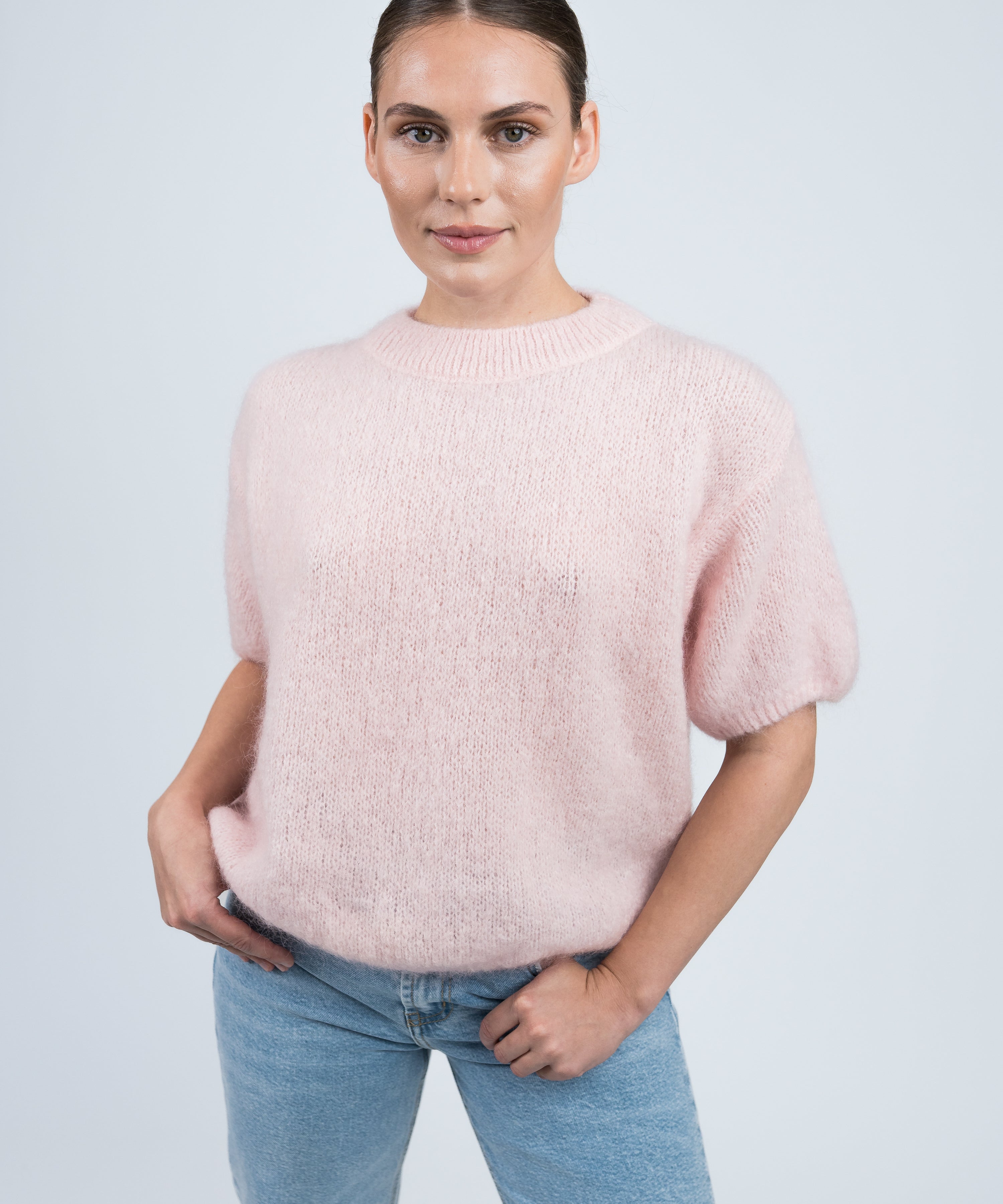 Strickpullover Rundhals mit Puffärmeln Rosa von vorne