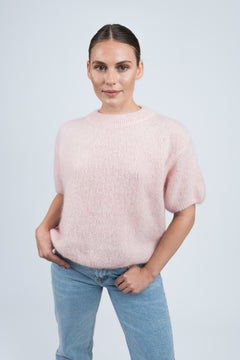 Strickpullover Rundhals mit Puffärmeln Rosa von vorne