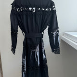 Kleid Midi Rüschen Lochmuster mit Kragen Schwarz