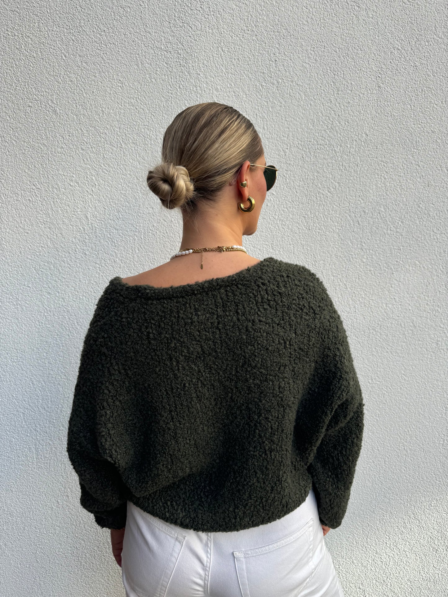 Strickjacke Bouclé Alpaka Dunkelgrün