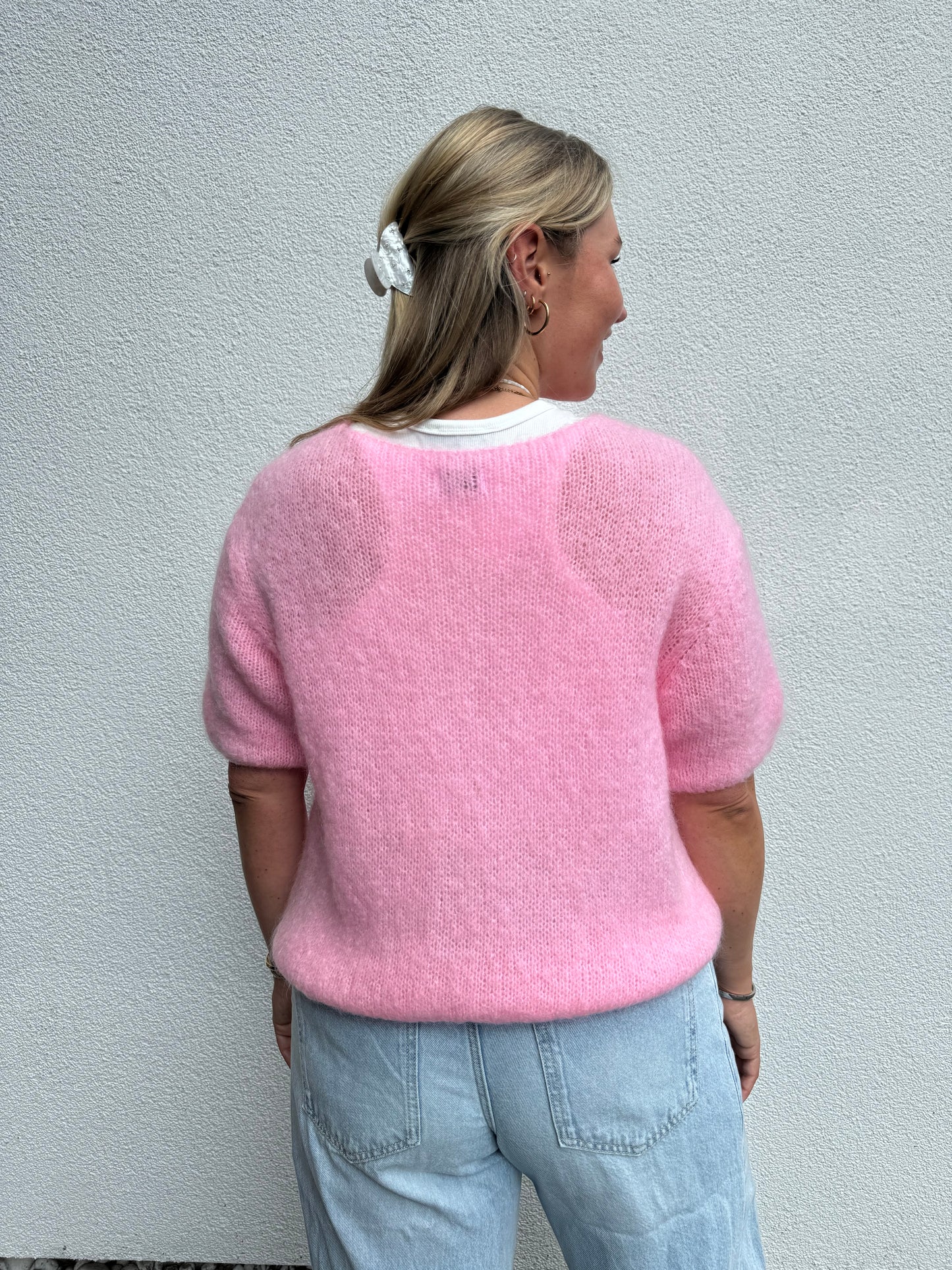 Strickpullover Mohair Wolle Kurzarm Rosa Pastell