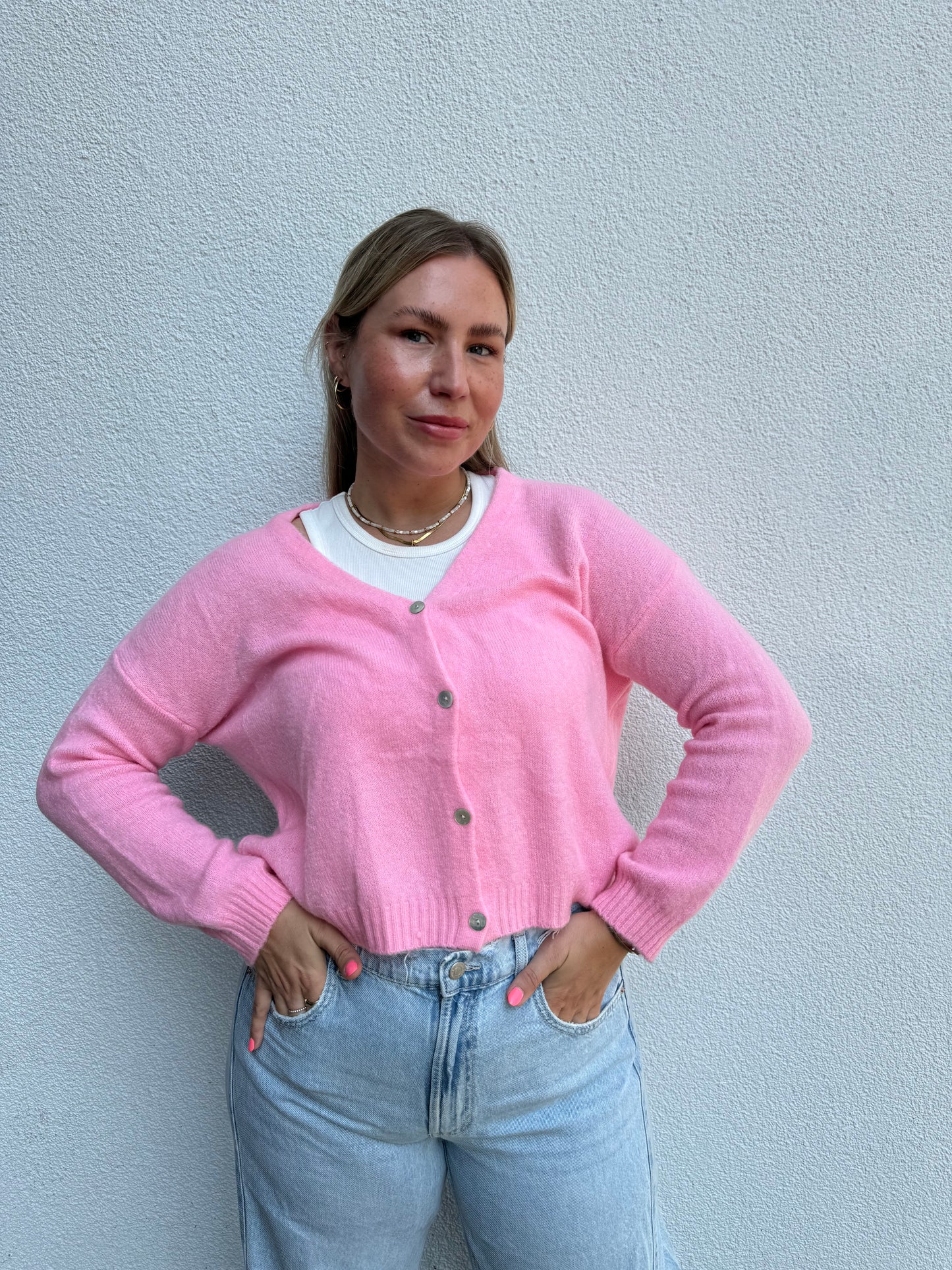 Strickjacke Perlmuttknöpfe Alpaka Rosa Pastell